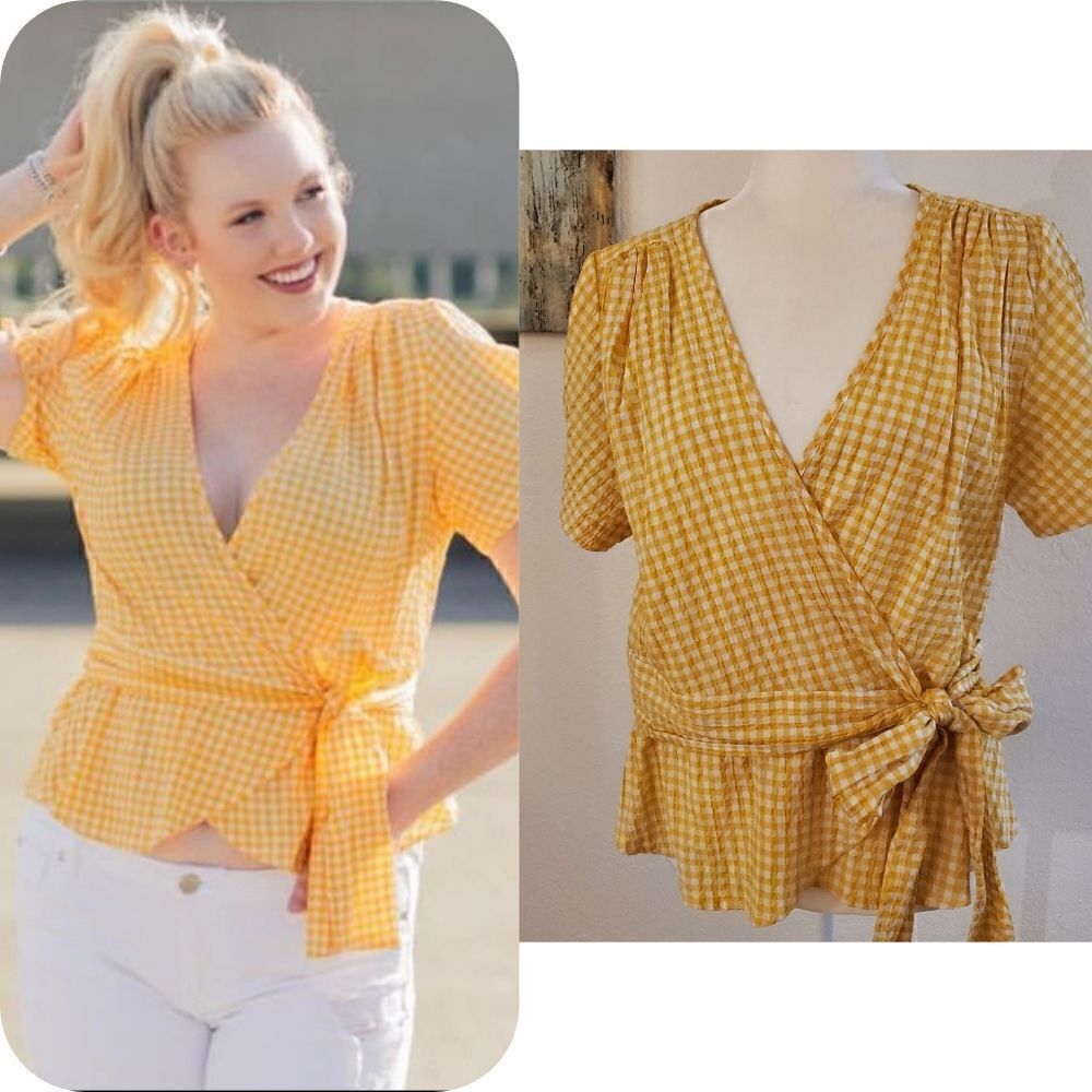 Max Studio Yellow Checker wrap blouse L
